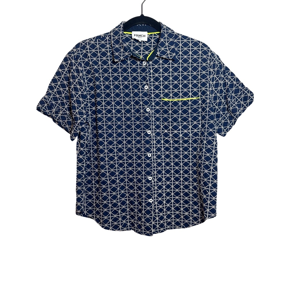 FRNCH PARIS Navy‎ White Geometric Print Short Sleeve Button Up Shirt XS